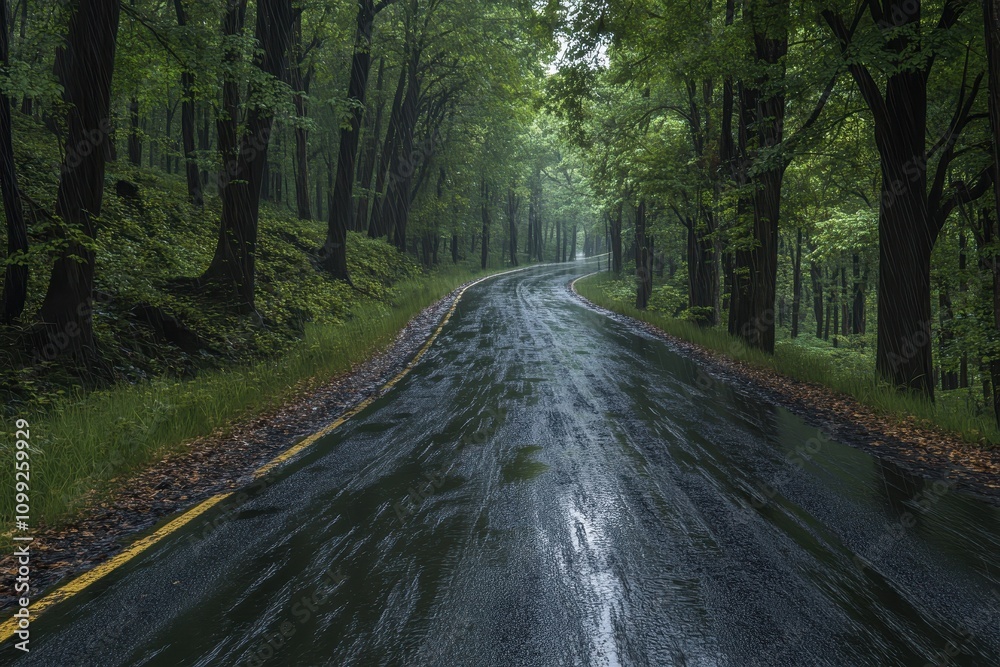 Obraz premium Rain-soaked road curves through lush forest. Ideal for illustrating travel, nature, or moody themes.