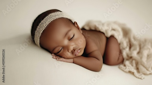 A peaceful baby lying sideways on a white surface, dressed in soft, light-colored clothing. The natural lighting highlights the baby delicate light skin tone, with high-definition details photo