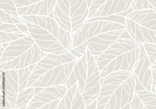 Floral Seamless Pattern with Line Art Leaves for Organic and Healthy Food Packaging, Textile, Fabric, Natural Eco Cosmetics, Vegan Product. Vector Leaves Pattern