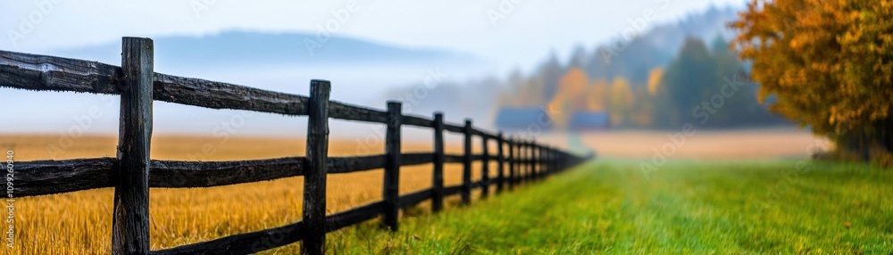 Fototapeta premium Autumn Travel concept. Foggy autumn morning in a countryside village, rustic fences and golden fields bathed in soft sunlight, serene fall travel