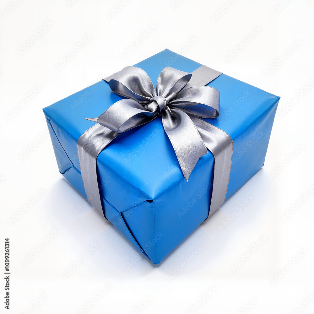 Obraz premium illustration of a gift in blue packaging and a red silver ribbon close-up, Al Generation
