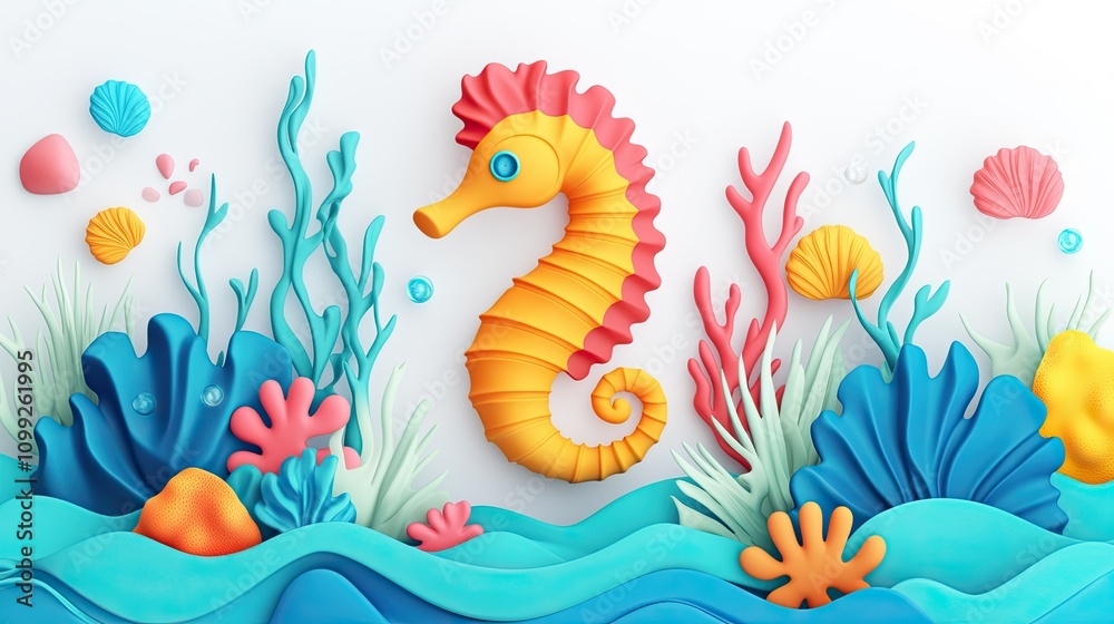 Obraz premium A simple yet vibrant plasticine-style 3D marine design featuring a seahorse, rounded coral shapes, and flowing seagrass. The clean white background enhances the vivid colors.