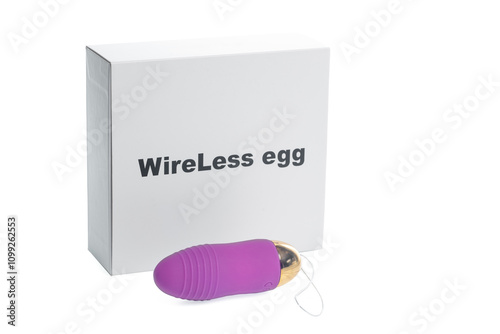purple wireless vibrating egg screen next to a white box on a light background
