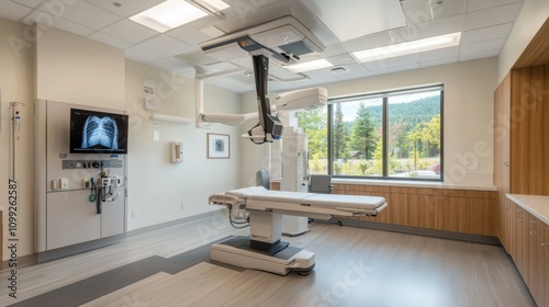A state-of-the-art X-ray machine suspended from the ceiling in a bright diagnostic room. The setting includes movable monitors and a patient bed, emphasizing functionality and design.