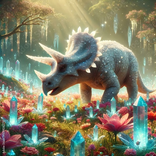 Crystal-Horned Triceratops in a Fantasy Meadow photo