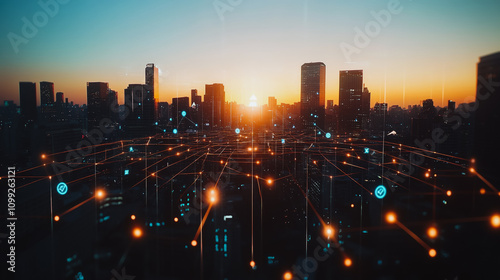 Smart digital Innovation city with connection network reciprocity over the sunset cityscape. of future  wireless digital city and social media networking systems that connects people with in city
