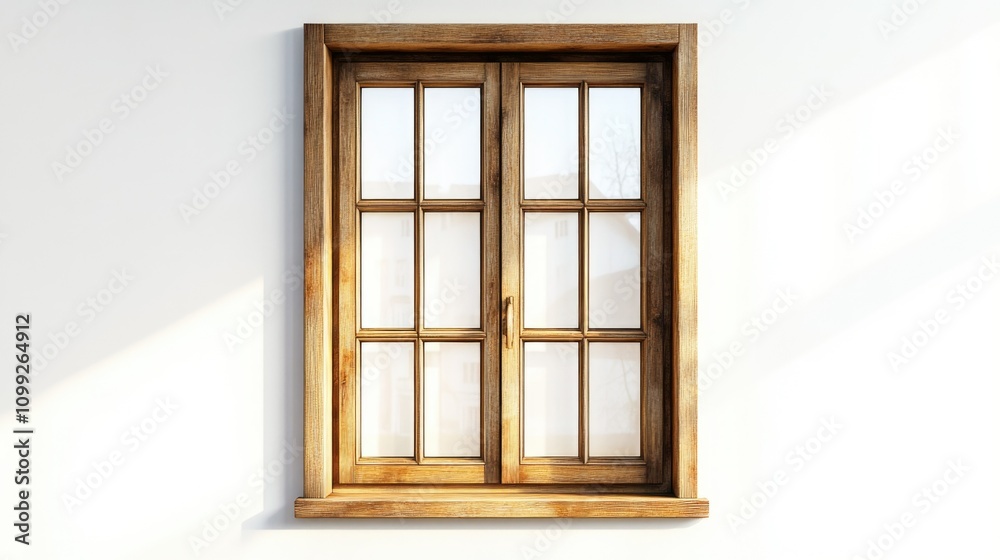 Fototapeta premium Classic hotel window crafted from light oak wood with subtle golden trim, evenly lit glass reflecting morning light, on a white background
