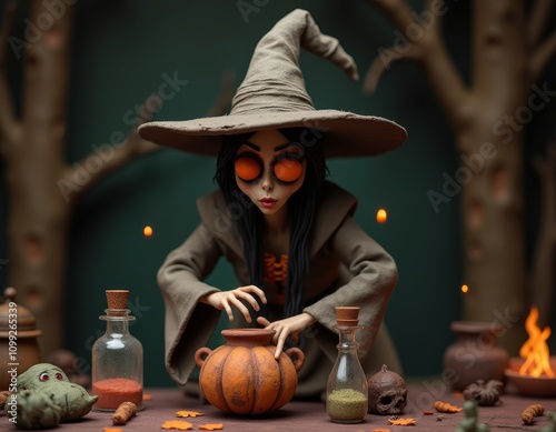Witch making a potion. Clay...