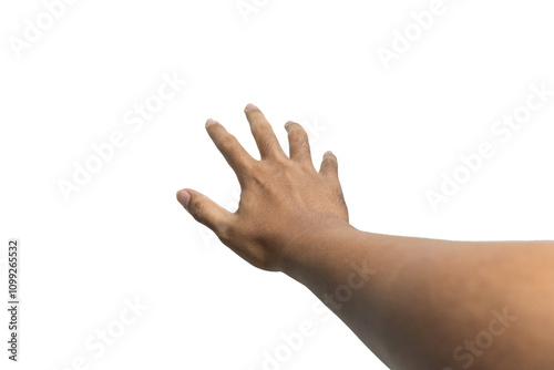 first person perspective of man hand reaching out something isolated on white background
