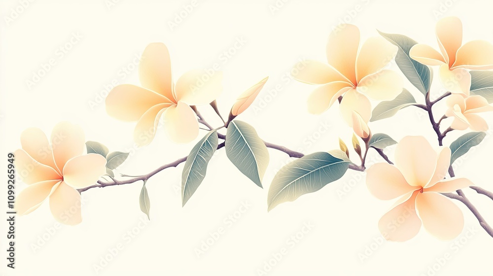 Fototapeta premium Frangipani flowers depicted in soft bed colors, with light peach and pale yellow hues accentuating their elegant petals. The branch is gracefully curved, with a few lush green leaves,