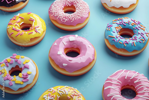 A colorful assortment of donuts with various toppings on a blue background.
