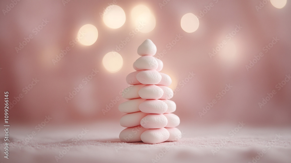 Obraz premium Sweet Holiday Tree: minimalist Christmas tree crafted from stacked marshmallows against a soft pink background
