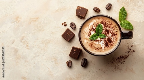Hot mint mocha cappuccino latte top down with mint leaves coffee beans and chocolate bar flakes, simple beige table background, winter beverage drink