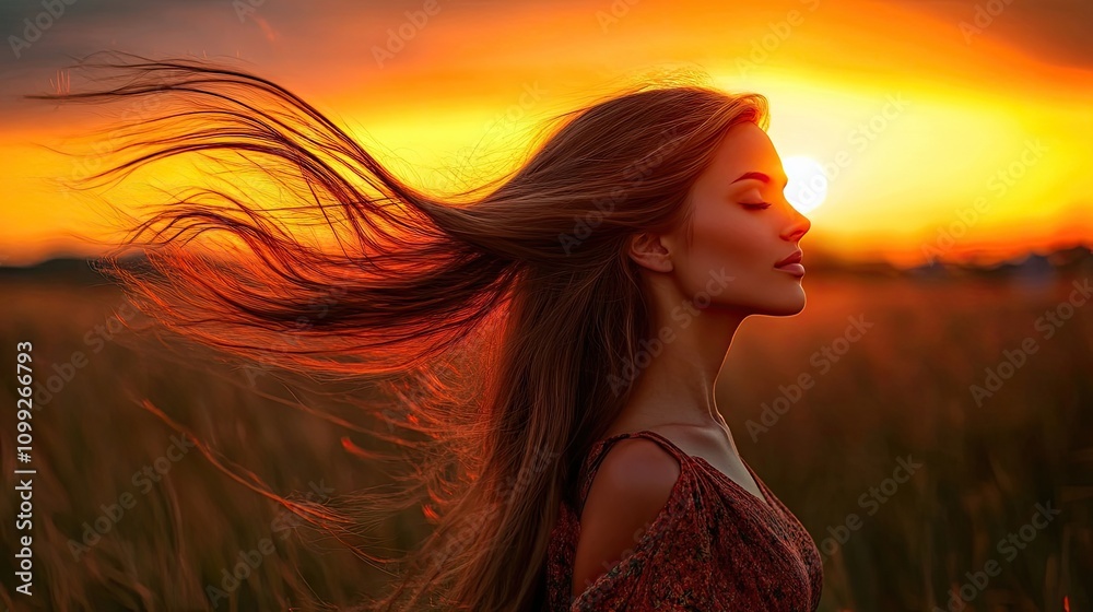 Fototapeta premium A woman with long hair blowing in the wind captures the essence of freedom against a backdrop of a warm sunset, creating a serene atmosphere with vibrant colors and ample copy space.