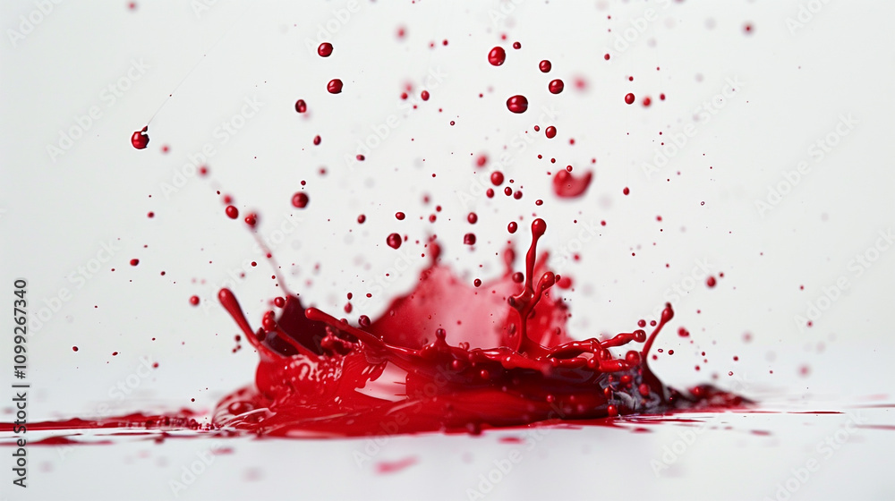 Fototapeta premium Bright red paint exploding on a pristine white background, droplets frozen in mid-air, emphasizing the stark color difference.