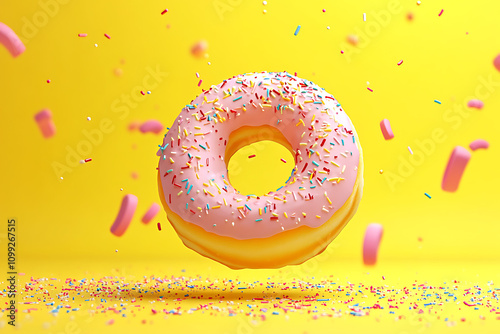 A floating donut with pink icing and sprinkles against a yellow background.