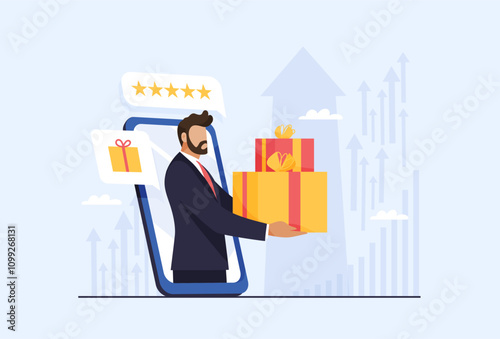 Gift to the client, bonus or promotion, SEO promotion of goods. Man on the smartphone screen gives a gift to the client as a thank you or apology. Gift certificate. Flat vector illustration.