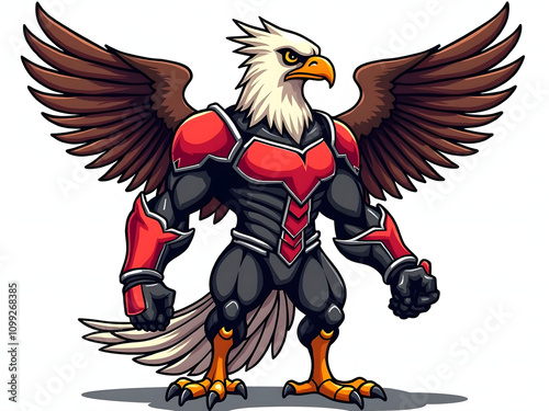 Futuristic Muscular Eagle Wearing High-Tech Armor - Vector Mascot Illustration with Wings Spread photo