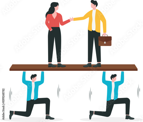 Business negotiation, mediation process, mutually beneficial resolution, communication and interpersonal skills concept, Businessman trying to balance negotiation partners on seesaw.


