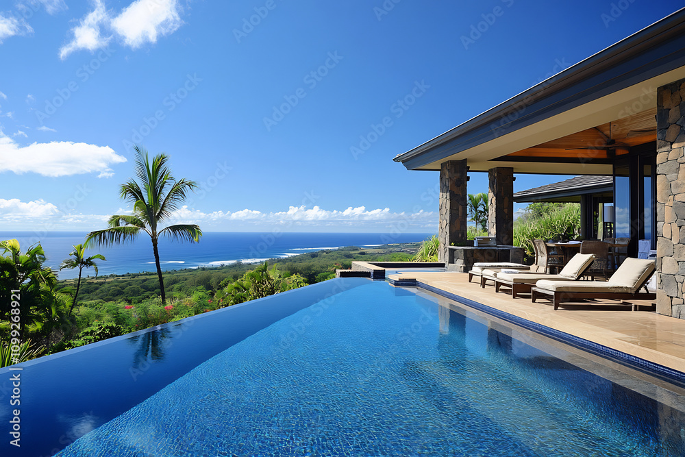 Fototapeta premium Luxury villa with infinity pool overlooking tropical landscape and ocean view. Modern outdoor design with lounge chairs under clear blue sky. Vacation and relaxation concept
