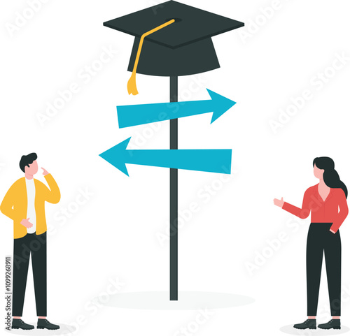 Education path, finding passion to study, decision to take academic course concept, Teens finding direction to go at signpost locating on graduation cap.
