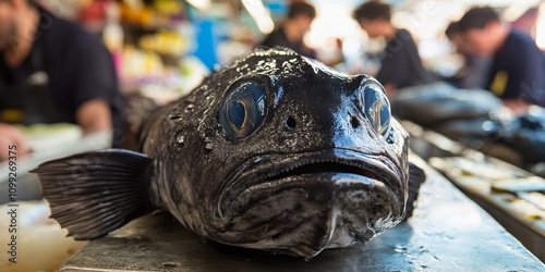 Deep sea Black scabbardfish displayed prominently at a bustling fish market, showcasing the intriguing characteristics of the Black scabbardfish in a vibrant setting. photo