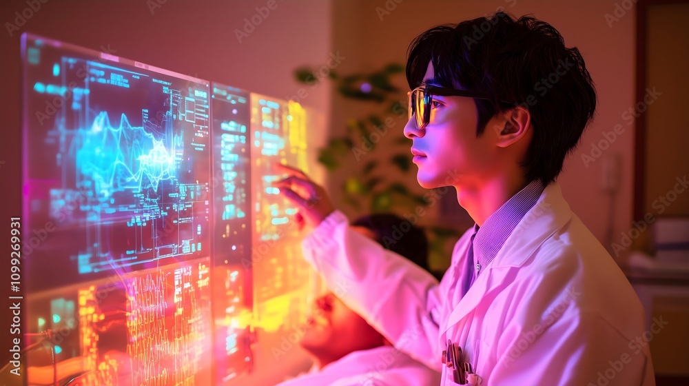 Obraz premium A futuristic hospital room filled with advanced medical equipment, a doctor in a white coat attending a patient lying on a high-tech bed, glowing holographic medical data screens
