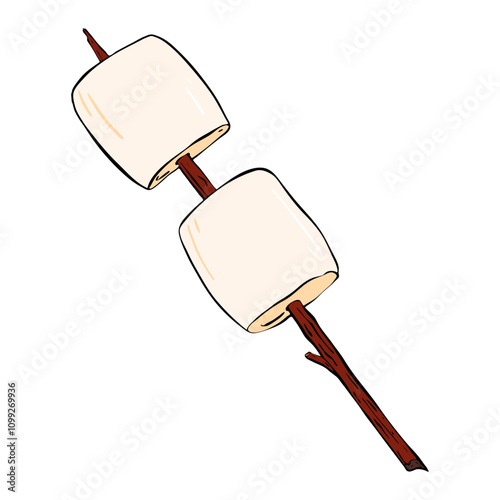 Toasting marshmallows on a stick is a cherished tradition during summer gatherings and campfires. Vector sketch illustration. Food