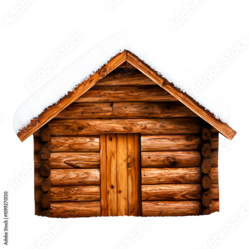 Rustic wooden cabin with snow-covered roof on a winter day photo