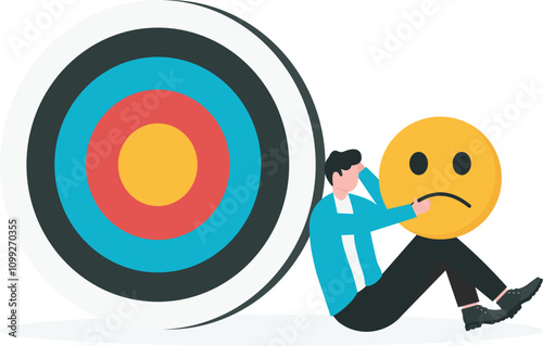 Seeking purpose in life, finding passion at work, contemplation to achieve business goal, rational thinking concepts. Contemplative businessman sitting on archery target.

