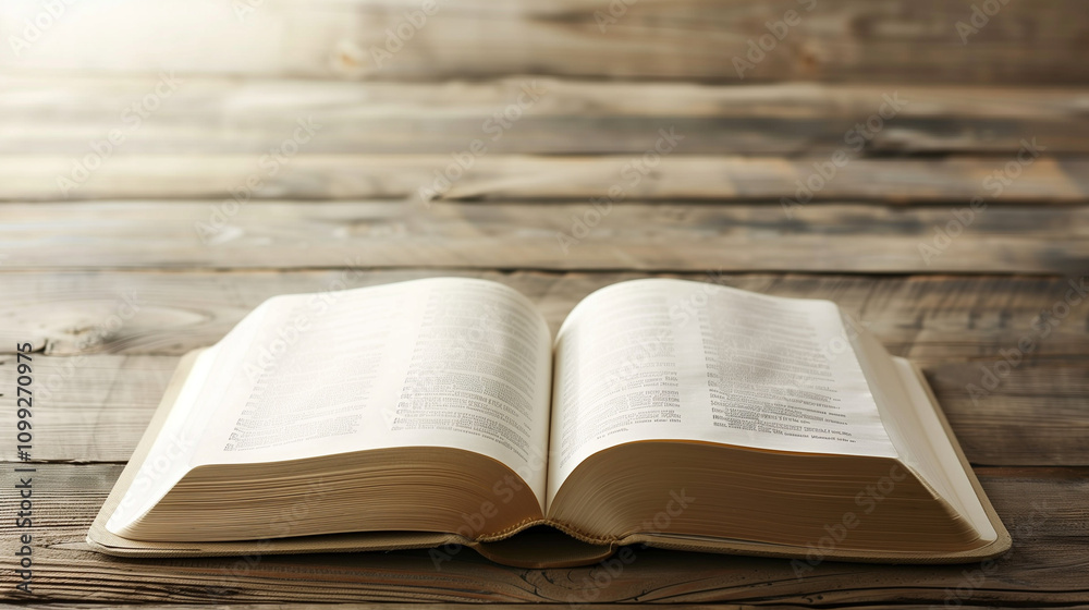 Obraz premium A Close-Up of an Open Bible on a Wooden Table, Sunlight Gently Illuminating the Pages, Focuses Attention on the Sacred Text, Creating a Serene and Contemplative Atmosphere