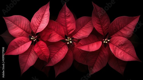 Closeup of red Christmas poinsettia flowers, on black background photo