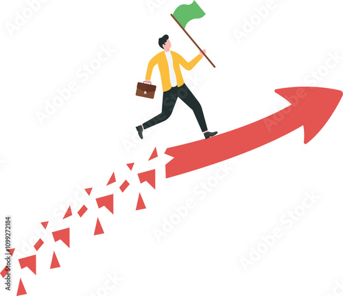 Overcoming many business obstacles until reaching success, entrepreneurship concept. Experienced businessman holding victory flag on smooth rising graph after passing through jagged interval.
