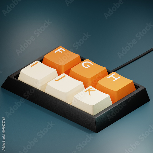 PASTEL KEYBOARD IN ORANGE AND CREAM ON A BLUE BOARD AS WELL AS DARK AND ALSO LIGHT BLUE WITH ISOMETRIC ANGLES photo