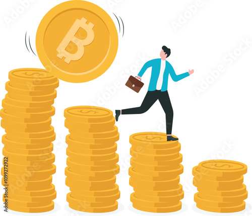 Bitcoin price falling down sharply put investors in a dilemma, extremely high cryptocurrency volatility concept. Businessmen run away unexpectedly from big bitcoins rolling down a mountain slope.

