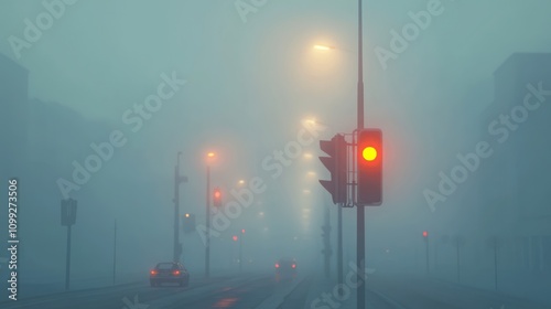 A calm, moody cityscape in thick fog, with skyscrapers barely visible and soft light from streetlights creating a mysterious ambiance.