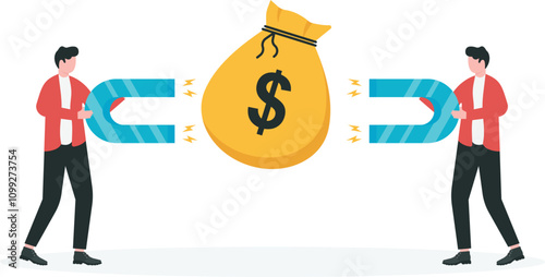 Business competition scramble for benefit, strategy to increase market share or number of customers more than opponent concept. Entrepreneurs use magnets to attract coins to their sides.

