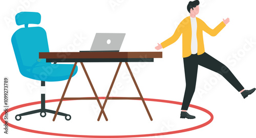 Get out of comfort zone, change career path, resign present job to find new job according to decision or call of heart concept. Businessman employee stepping out of circle around office chair.

