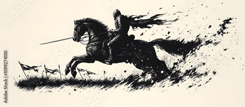 Knight on horseback charging into battle, black and white illustration.
