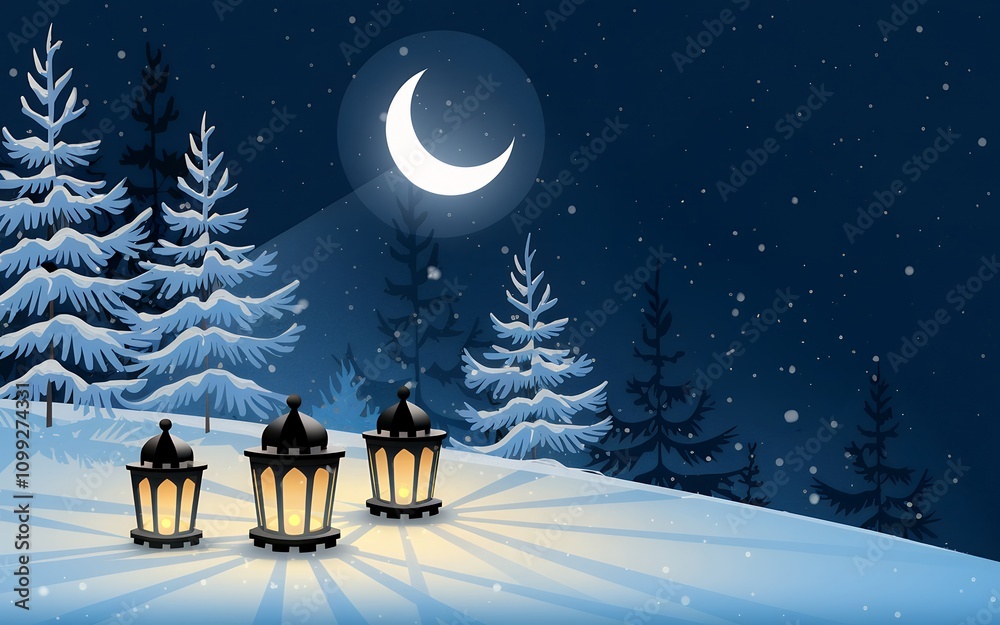 Fototapeta premium Three illuminated lanterns cast a warm glow on a snowy winter night, under a crescent moon. A peaceful scene.