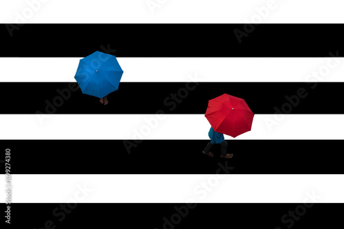 Two unidentified persons holding colourful umbrellas blue and red on black and white graphic design. Useful for background purpose.