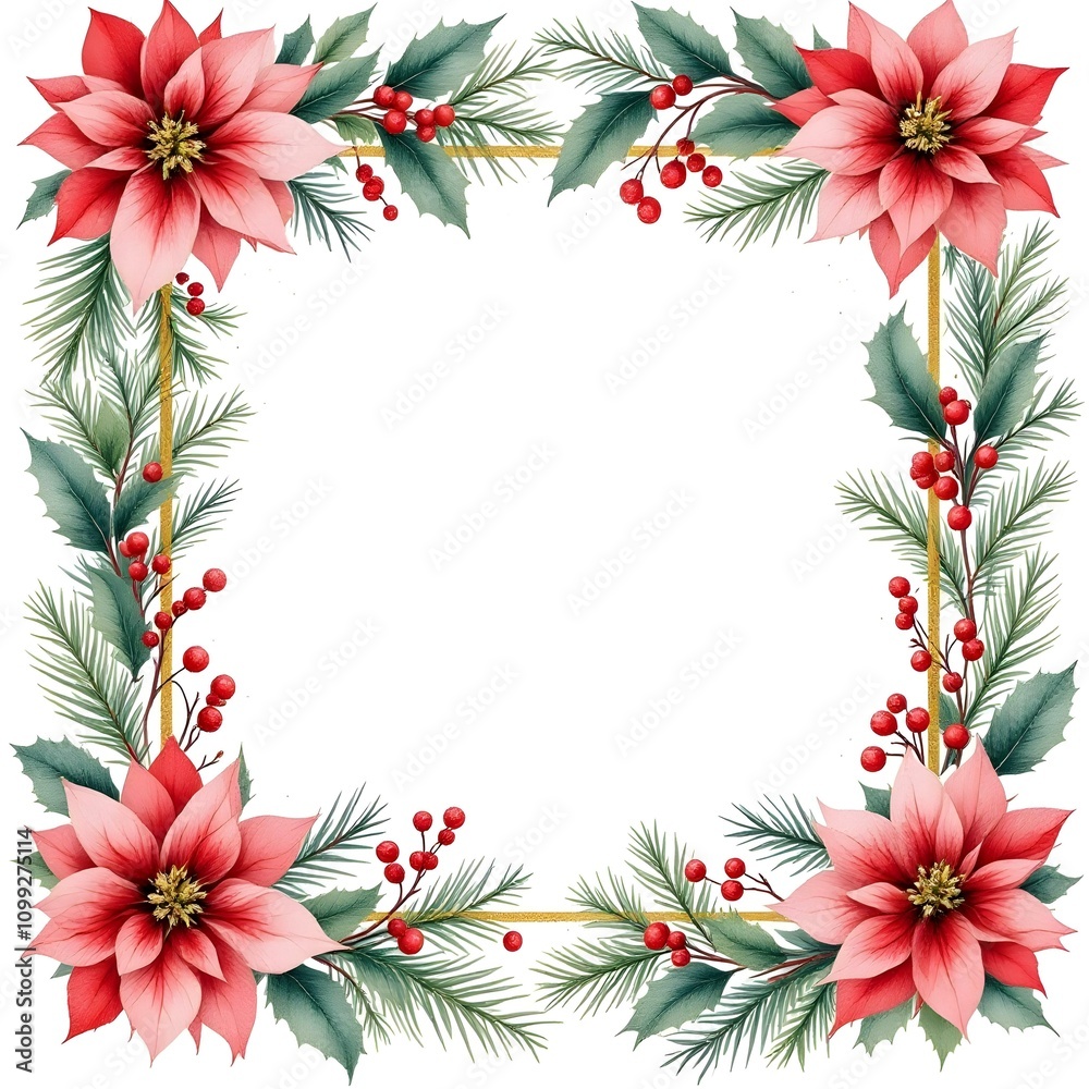 Obraz premium Christmas Frame with Red Poinsettia and Green Foliage background with text space in center, Watercolor Poinsettia and Pine Needle Frame