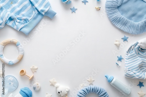 Baby boy's blue clothes & toys on white. Perfect for announcements, blogs, or baby shops. photo