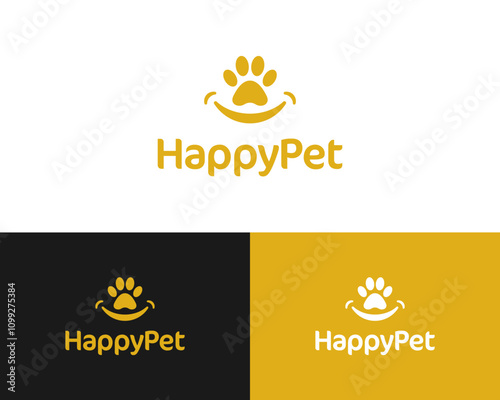 Pet Shop Paw Animal Clinic Veterinary Care Happy Smile Funny Vector Logo Design Illustration