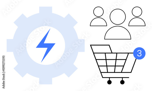 Gear with lightning bolt, three user icons, and a shopping cart with a 3 notification. Ideal for e-commerce, customer engagement, sales, online shopping, notifications, business automation