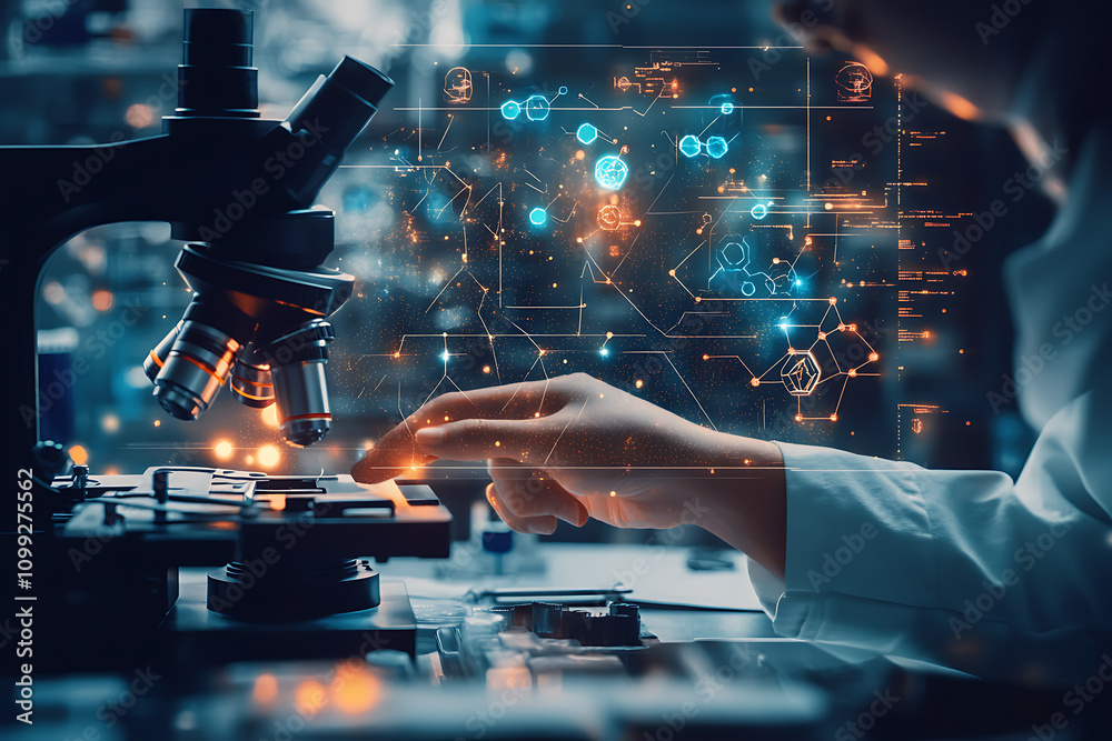 Fototapeta premium Microscope and Futuristic Interface: A Glimpse into the Future of Scientific Discovery and Technological Advancement