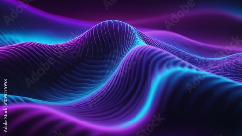 Neon ripple texture. Defocused glow. Iridescent wave. Blur purple blue fluorescent color gradient light curve lines abstract background with free space.