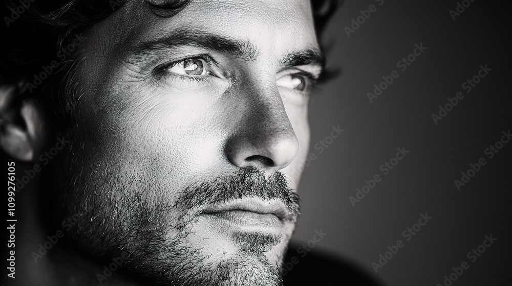 Fototapeta premium Contemplative Man in Black and White Portrait with Deep Expression