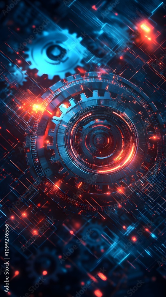 Obraz premium Abstract gears and circuits glowing in red and blue.