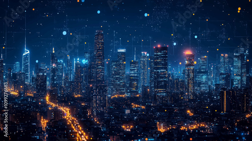 Smart city on a dark blue background, featuring intelligent infrastructure and connected buildings. This futuristic cityscape showcases IoT, 5G and AI integration network.